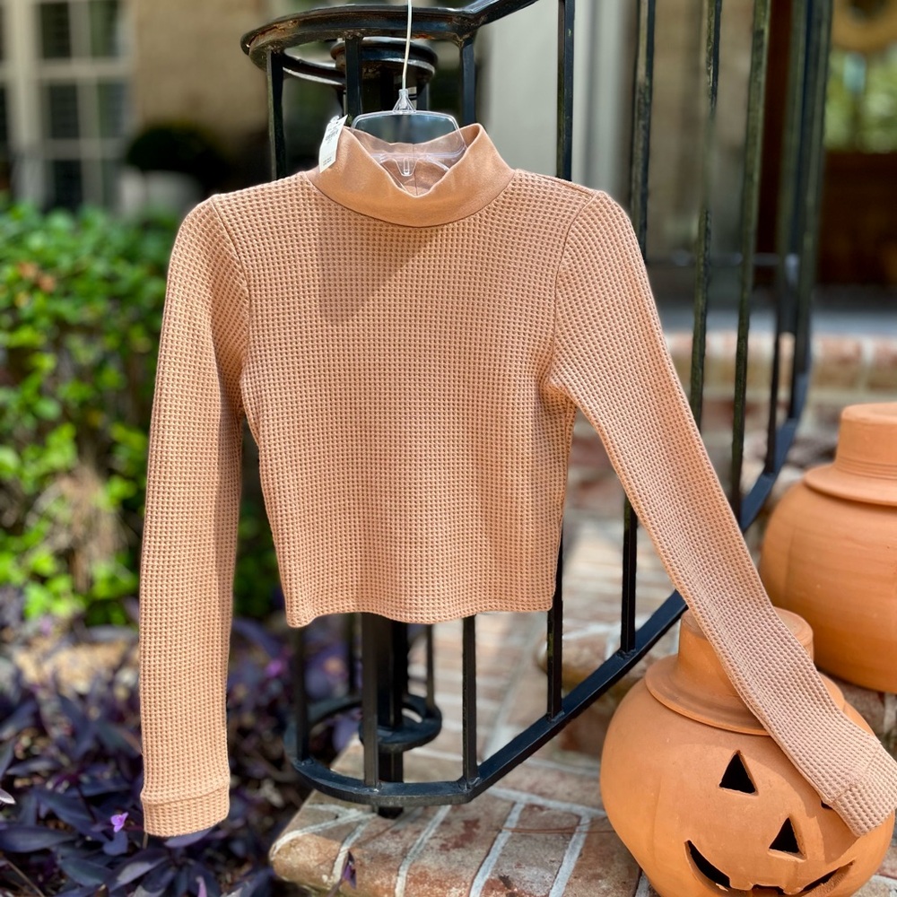 Aerie Womens Tan Waffle Knit Mockneck Shirt Size Small - NWT